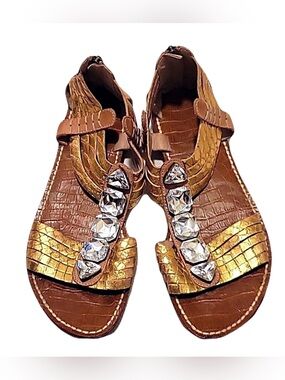 Sam Edelman Brown and Gold Jeweled T-Strap Egyptian style sandals